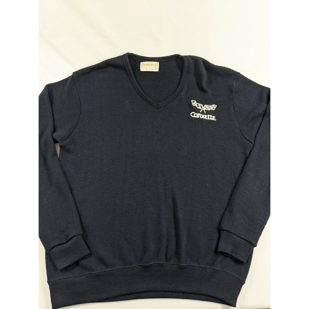Vintage 1970's-80's Navy Blue Creslan Acrylic XL Men's Corvette VNECK Sweatshirt